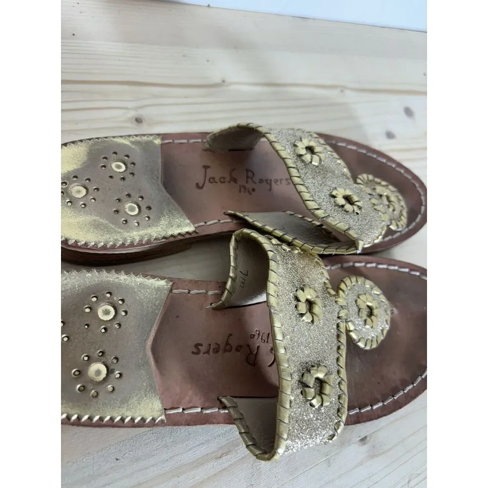 Jack Rogers gold sparkle shimmery‎ leather sandals sz 7 U6